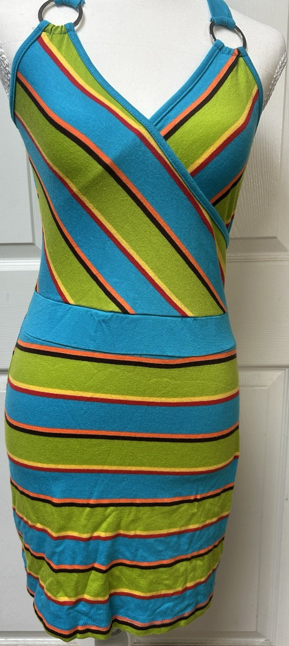 Y2K Striped Halter Mini Dress O-Ring bodycon indie sleaze festival halloween XS*